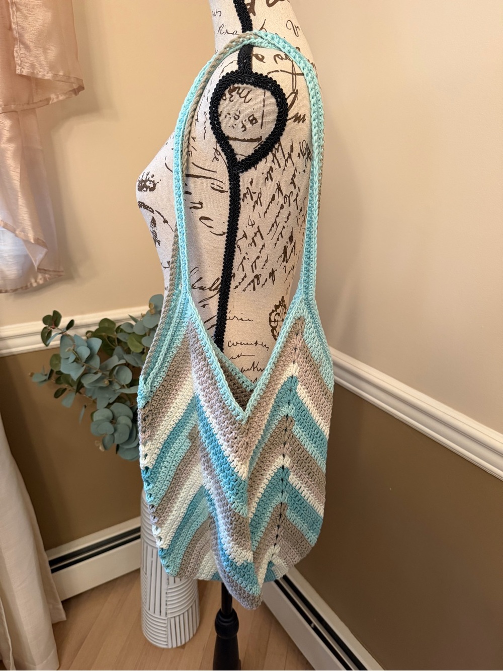 Handmade Crochet Tote Bag Beach Shoulder Bag Aqua Taupe Cream NWOT
